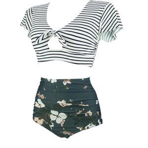 NEW Cocoship Ruched Ruffle High Waist 2 Piece Bikini Set Tie Front Top Womens 14